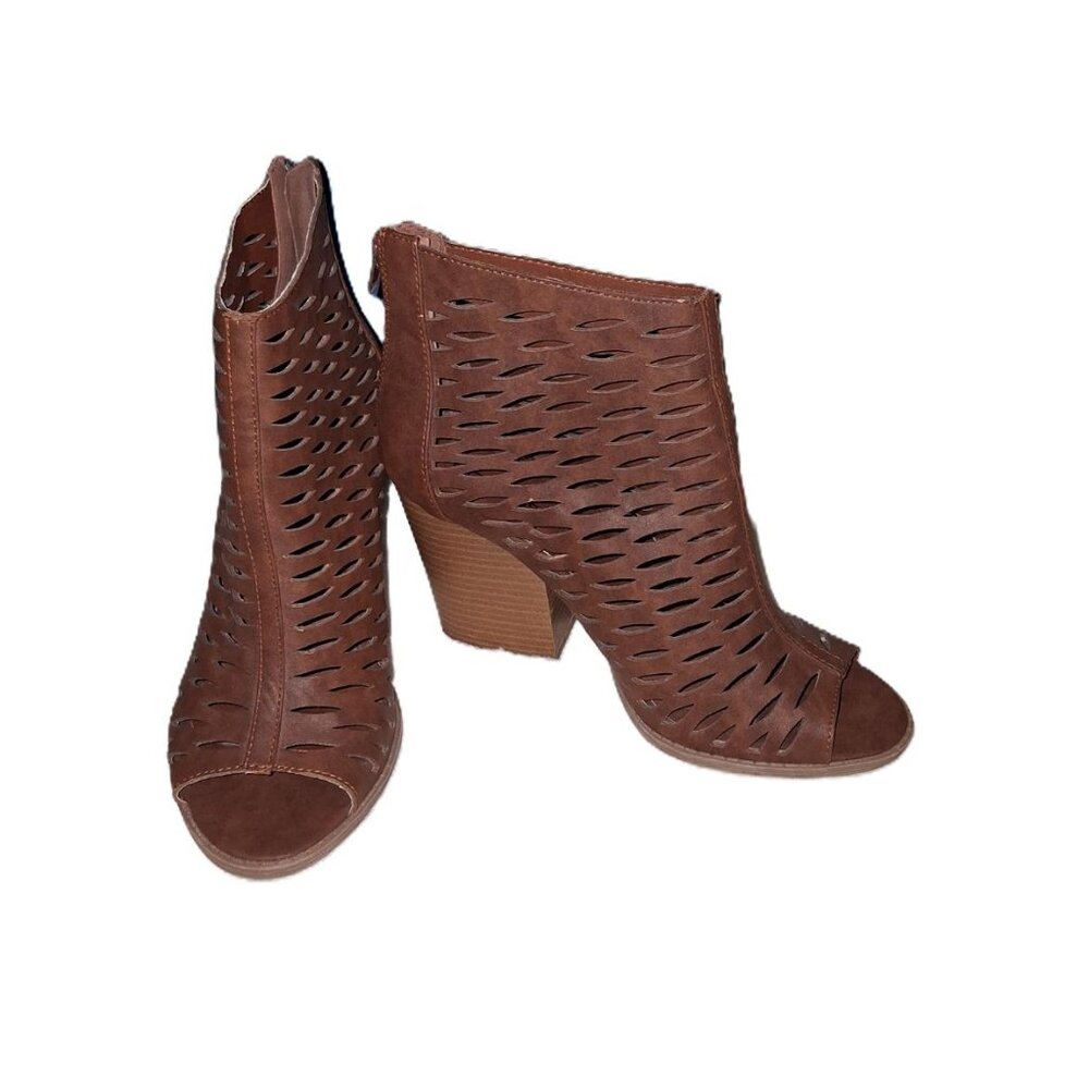 Maurices Brown Perforated Peep Toe Booties | 3.5” Block Heel | Size 8